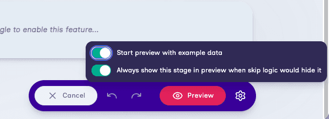 The Preview button and settings menu in the stage editor.